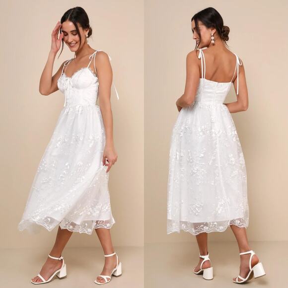 Lulus Serene Perfection White Mesh Embroidered Tie-Strap Midi Dress‎ Size XL NWT - Picture 1 of 14